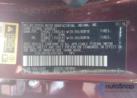 2018 Toyota Highlander Xle from USA, damaged, VIN 5TDJZRFH8JS845804